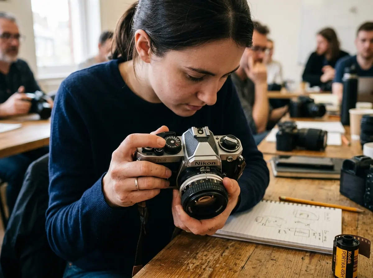 A student learning manual camera settings in a workshop